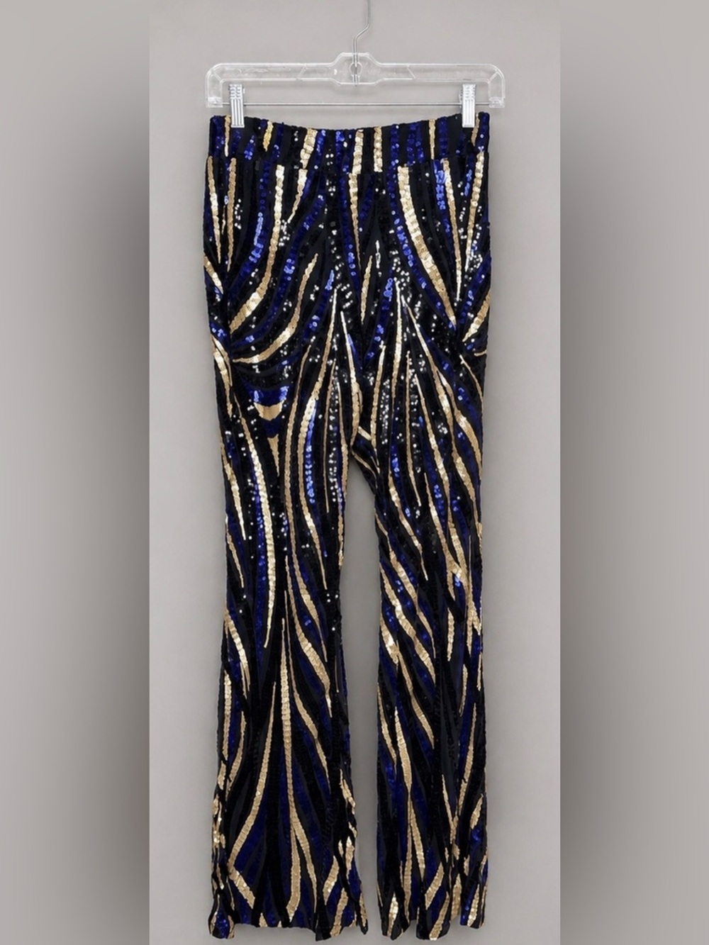 Women’s Sequin Flare Pants Medium Black Blue Gold Disco Festival Party Glam